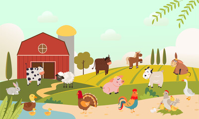 Farm animals with country landscape - rabbit, cow, sheep, bool, pig,  horse, donkey, goat, rooster, chicken,  hen, goose, duck. Cute cartoon vector illustration in flat style. Domestic animals set.