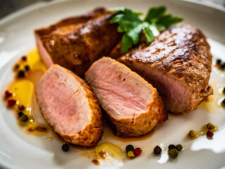 Roasted pork loin on wooden table
