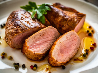 Roasted pork loin on wooden table
