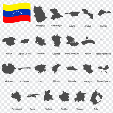 Twenty five Maps  Departments of Venezuela- alphabetical order with name. Every single map of Province are listed and isolated with wordings and titles. Bolivarian Republic of Venezuela. EPS 10.