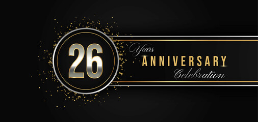 26 Year Anniversary Celebration with Silver and Gold Color for Celebration Events, Wedding, greeting card, birthday party, and Invitation Isolated on Black Background. 26 Years Anniversary Logotype © designworlds
