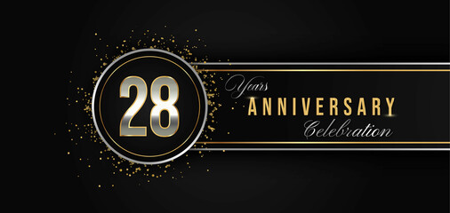 28 Year Anniversary Celebration with Silver and Gold Color for Celebration Events, Wedding, greeting card, birthday party, and Invitation Isolated on Black Background. 28 Years Anniversary Logotype