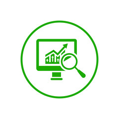 Graph, analytics, bar, search icon. Green vector sketch.