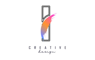 Outline Letter I logo with rainbow brush stroke and creative cut.