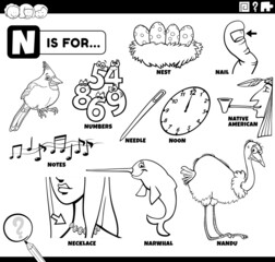 letter n words educational set coloring book page