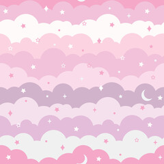 Pink clouds, cute vector pattern, seamless background with stars and moon elements