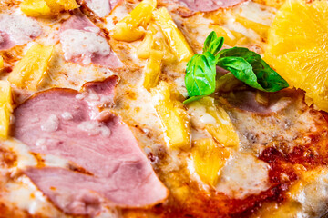 fast food. Hawaiian pizza with pineapple, ham, cheese, and vegetables