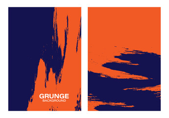 Colorful grunge abstract background vector set. Ink brush splash, orange and blue frame collection. Rough grimy color pattern, rectangle border banner. Dirty paint texture art backdrop illustration.