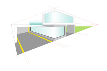 Color Architecture sketch of a contemporary house. Perspective architectural designing. Vector illustration