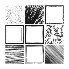 Monochrome grunge abstract background vector set. Ink brush splash, black and white frame collection. Rough grimy color pattern, square border banner. Dirty paint texture art backdrop illustration.