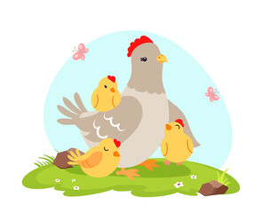 Cute hen with chickens vector flat illustration with landscape isolated on white background. Farm animal cartoon chicken family character on a grass. Funny hen icon. Domestic farm animal card