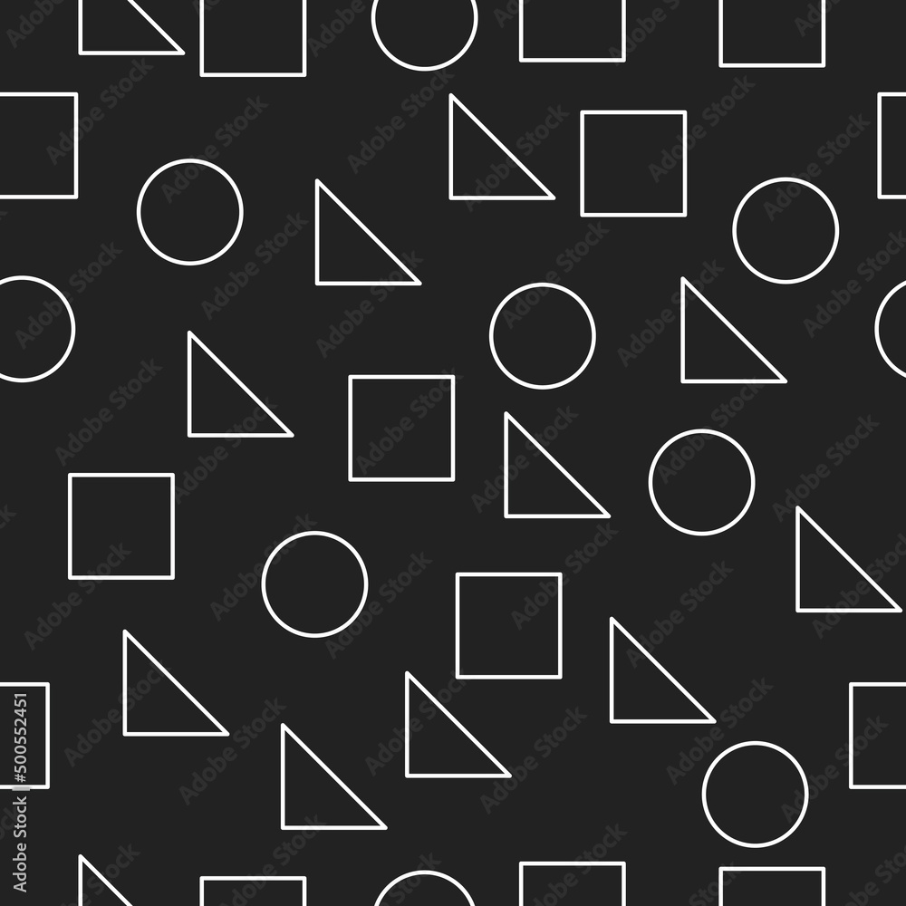 Poster Circles, squares and triangles in white. Vector with identical geometric shapes that are scattered across a black canvas. Empty inside and identical figures.