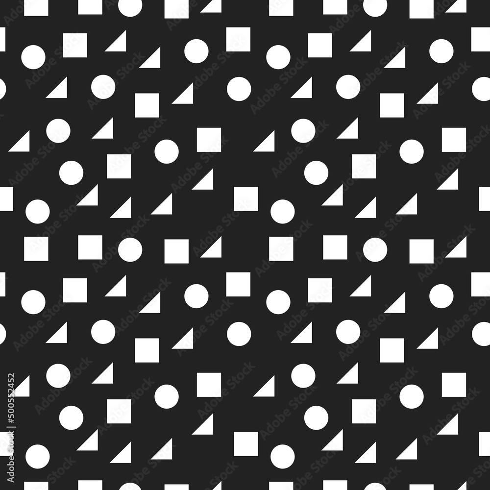Poster circles, squares and triangles in white. a vector with identical geometric shapes that are scattered