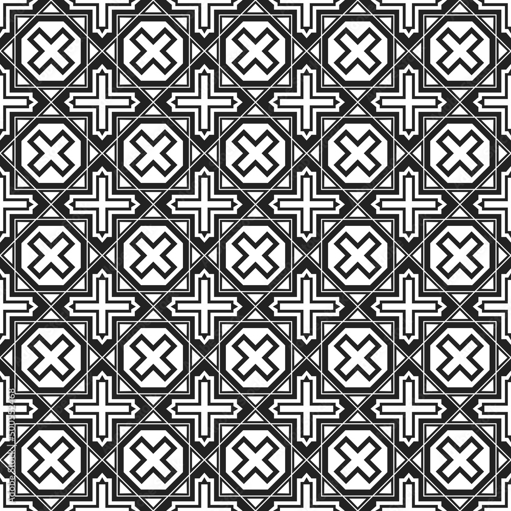 Poster White crosses in quarterfoils. Vector with white crosses in the pattern. Ornate and interesting crosses repeat across the black background in a seamless pattern.