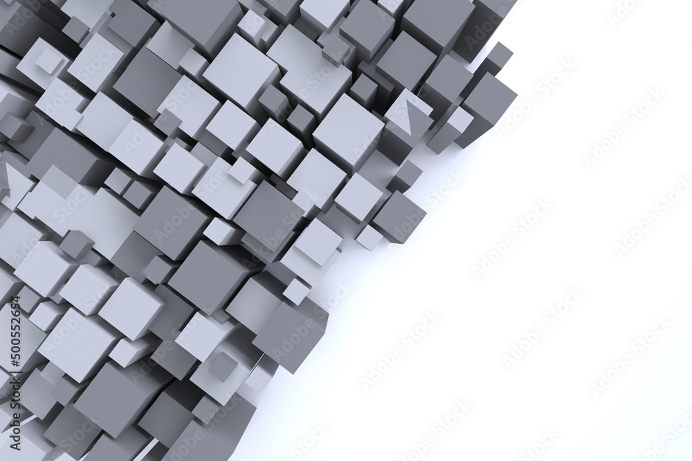Poster 3d render. diagonal composition of white cubes of different sizes on a white background