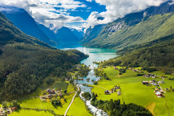 Beautiful Nature Norway natural landscape. lovatnet lake Lodal valley. - 500552837