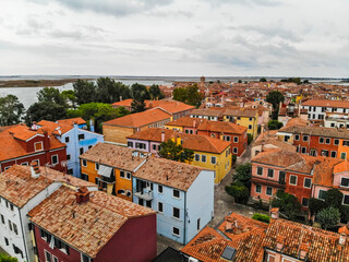 Fototapeta na wymiar View of Burano's colorful houses from above with a drone 
