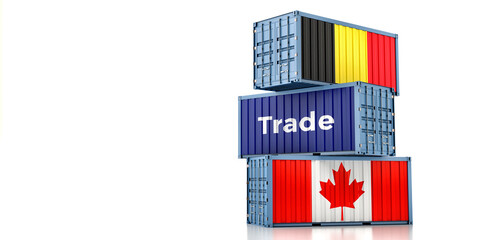 Cargo containers with Canada and Belgien national flags. 3D Rendering