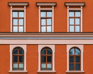 Several windows in a row on the facade of the modern urban apartment building front view, Krasnaya...
