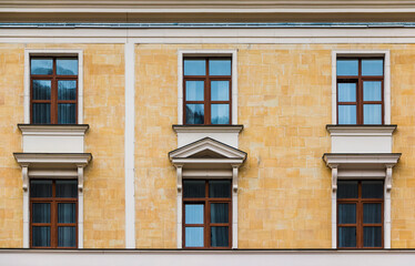 Several windows in a row on the facade of the modern urban apartment building front view, Krasnaya Polyana, Sochi, Krasnodar Krai, Russia
