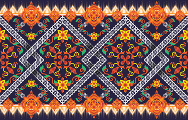 Geometric oriental traditional embroidery style. Ikat tribal floral seamless pattern. Ethnic Aztec fabric carpet mandala ornament native boho chevron textile