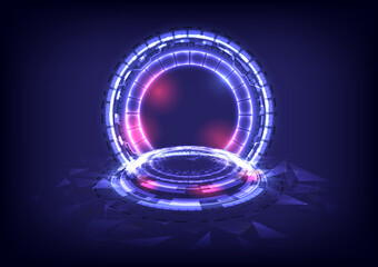 GUI and UI virtual reality. Portal and hologram science futuristic. Sci-fi digital hi-tech in glowing HUD projector. Magic gate in game fantasy. Circle teleport podium. Vector illustrator