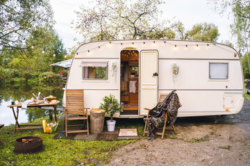 Family traveling in camper,house on wheels,trailer,motor home. Romantic road travel,freedom...