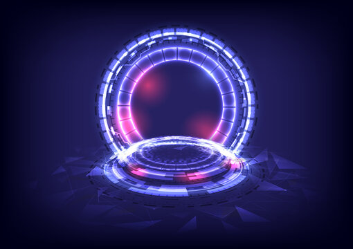 GUI and UI virtual reality. Portal and hologram science futuristic. Sci-fi digital hi-tech in glowing HUD projector. Magic gate in game fantasy. Circle teleport podium. Vector illustrator