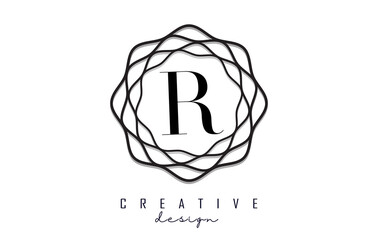 Black R letter logo with wavy circle element. Letter Vector with monogram design.