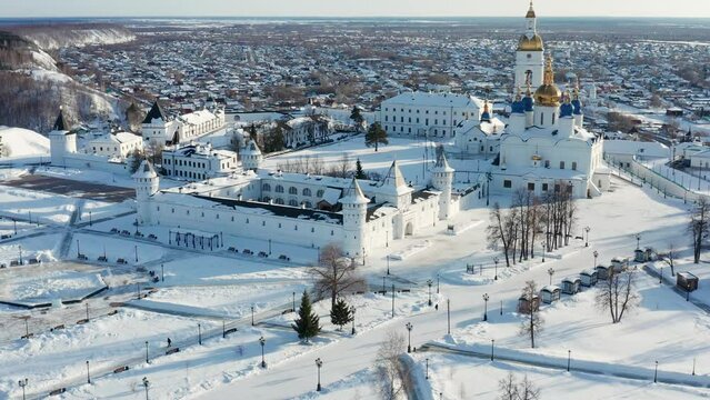 Tobolsk in winter. Tobolsk Kremlin - the sole stone fortress in Siberia. Aerial view.