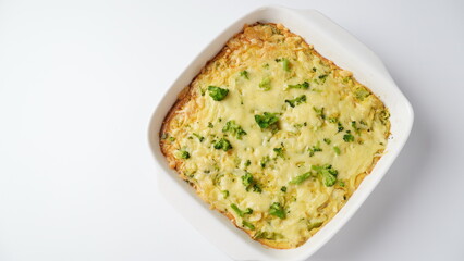 Casserole with cheese and broccoli. Broccoli gratin with melted cheese