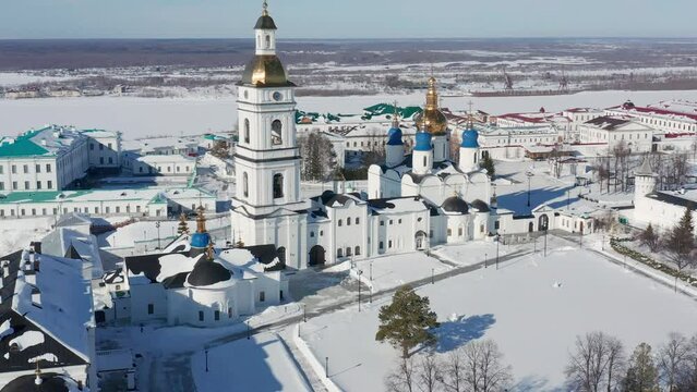 Tobolsk in winter. Tobolsk Kremlin - the sole stone fortress in Siberia. Aerial view.