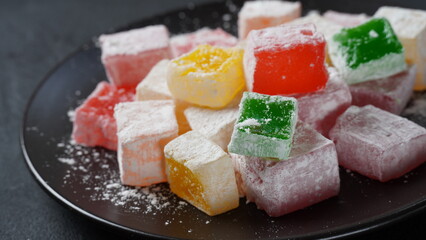 Assorted Turkish delights Rahat lokum. Colorful cubes of Turkish delights. Ramadan bayrami (eid al...