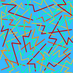 Abstract geometric seamless pattern with colorful broken lines, zigzags on a blue background