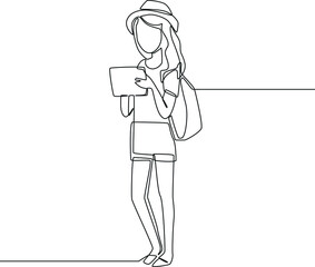 Continuous one line drawing Female tourist with travel hat and bag on back checking note about the destination. Happy travelling. Single line draw design vector graphic illustration.