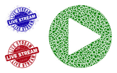 Round LIVE STREAM scratched stamp imitations with word inside round forms, and shard mosaic play button icon. Blue and red stamps includes LIVE STREAM title. Play button mosaic icon of shard items.