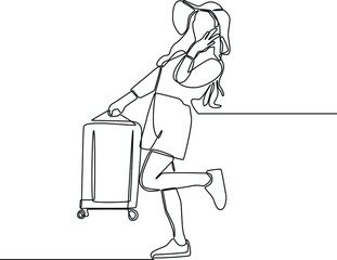 Continuous one line drawing Happy female tourist with travel hat and suitcase. Happy travelling. Single line draw design vector graphic illustration.