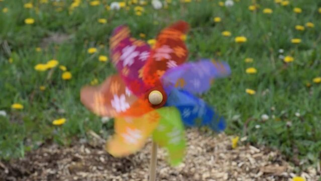 Moulin à vent activé par le vent sur fond de pelouse parsemée de fleurs de pissenlit.