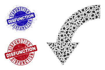 Round DISFUNCTION dirty stamp prints with tag inside round forms, and shatter mosaic rotate down icon. Blue and red stamp seals includes DISFUNCTION tag. Rotate down mosaic icon of fragment parts.