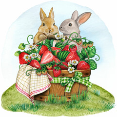 Watercolor cute bunnies with strawberry basket