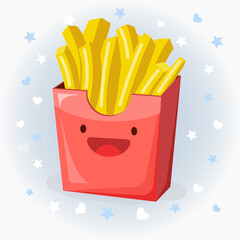 Cute french fries  vector icon illustration. French fries sticker cartoon logo. Food icon concept.  Flat cartoon style suitable for web landing page, banner, sticker, background. Kawaii french fries.