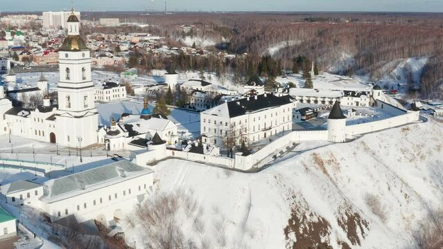 Tobolsk in winter. Tobolsk Kremlin - the sole stone fortress in Siberia. Aerial view.