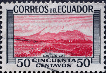 Ecuador - circa 1960: a postage stamp from Ecuador, showing the landscape at the Iliniza Mountains