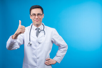 Content doctor gesticulating thumbs up in studio