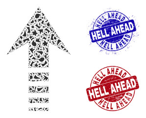 Round HELL AHEAD rubber seals with text inside round forms, and spall mosaic send up icon. Blue and red seals includes HELL AHEAD text. Send up collage icon of fragment items.