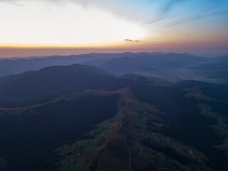 Ukrainian Carpathians mountains on a summer morning. Aerial drone view.