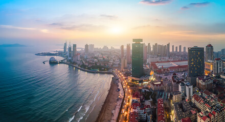 Fototapeta na wymiar Aerial photography of Qingdao coastline bay area night scene large format