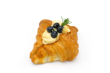 Top view blueberry croissant on white background.