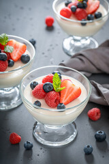 Cold and delicious Panna Cotta made of milk and berries.