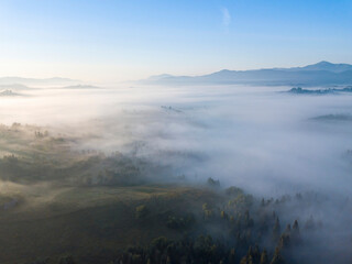 Morning mist in Ukrainian Carpathian mountains. Aerial drone view.